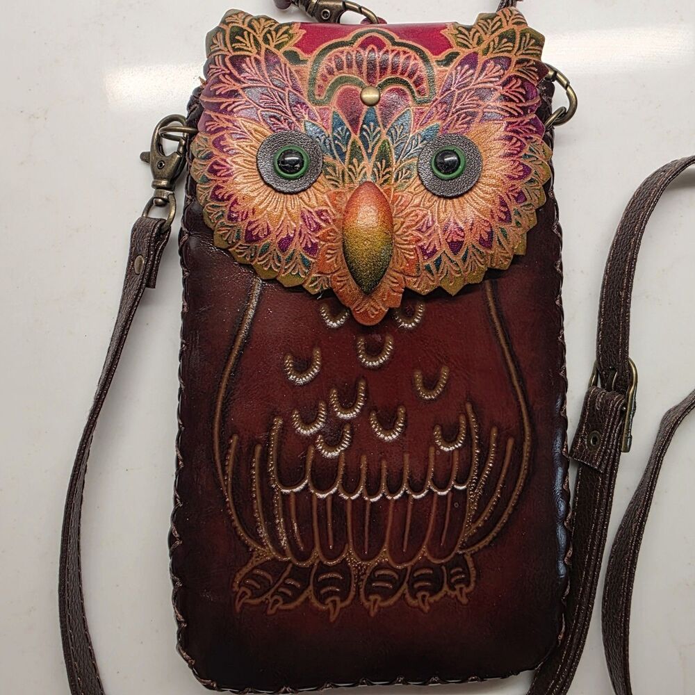 Genuine Leather  Colorful Owl Cross-body Wallet/Purse